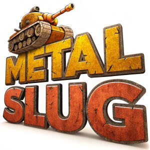 3D rendered logo of Metal Slug with a rough, gritty texture. Uses a striking, metallic font in vibrant yellow and orange shades. Designed for high visibility and brand recognition with a bold, warm color palette.