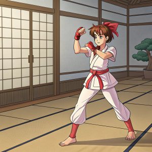 Digital artwork of Sakura from Street Fighter. Fighting pose, traditional dojo background.