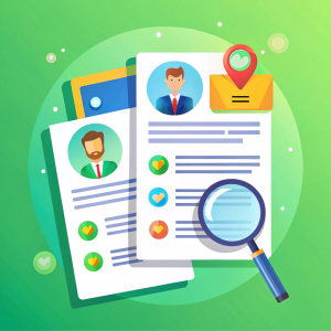 "Colorful illustration of CVs with profile images, a magnifying glass focusing on details, and approval symbols, on a light green background."














