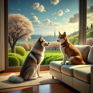 A scottish cat and siberian husky dog ​​are on the sofa of the house, watching the spring view 3d