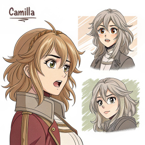A digital sketch of Camilla, a female anime character, portrayed through various facial expressions and hairstyles in a comic strip style.