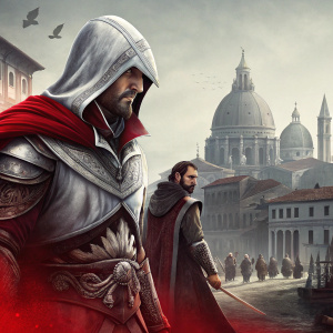 Promotional webpage for Assassin's Creed Brotherhood. Cinematic design with red and gray color scheme. Features Ezio Auditore and other main characters in dramatic poses. Historical setting inspired visuals, evoking the Renaissance period.