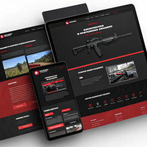 Conceptual digital design for Kalashnikov Concern website. Modern interface with black and red color scheme. Multiple screen designs in grid layout, emphasizing sleek and professional appearance.
