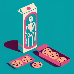 Packaging design for Sinfit Protein Cookies. White and brown color scheme. Skeleton illustration on front. Individual wrappers inside the partially opened box. Product shot.