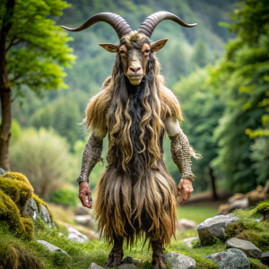 Mitologia asturiana Busgosu, ser híbrido del bosque, mitad hombre mitad cabra. Tiene espesas cabelleras, sus patas son de cabra al igual que los grandes cuernos que posee en su cabeza, mientras que el torso y los brazos, al igual que su rostro, son humanos