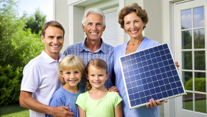 Happy looking family admiring their just installed solar panel at home