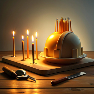 A birthday cake in the shape of a builder's helmet. It is decorated with lighted candles on the top, several different tools of a construction worker, a laptop and a smartphone