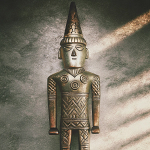 Golden artifact inspired by the Muisca civilization. Detailed human figure with intricate patterns and a conical headpiece. Gray background