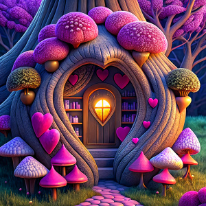 a room in the bark of a tree with books and mushrooms, grass on the floor, plants that give light and illuminate