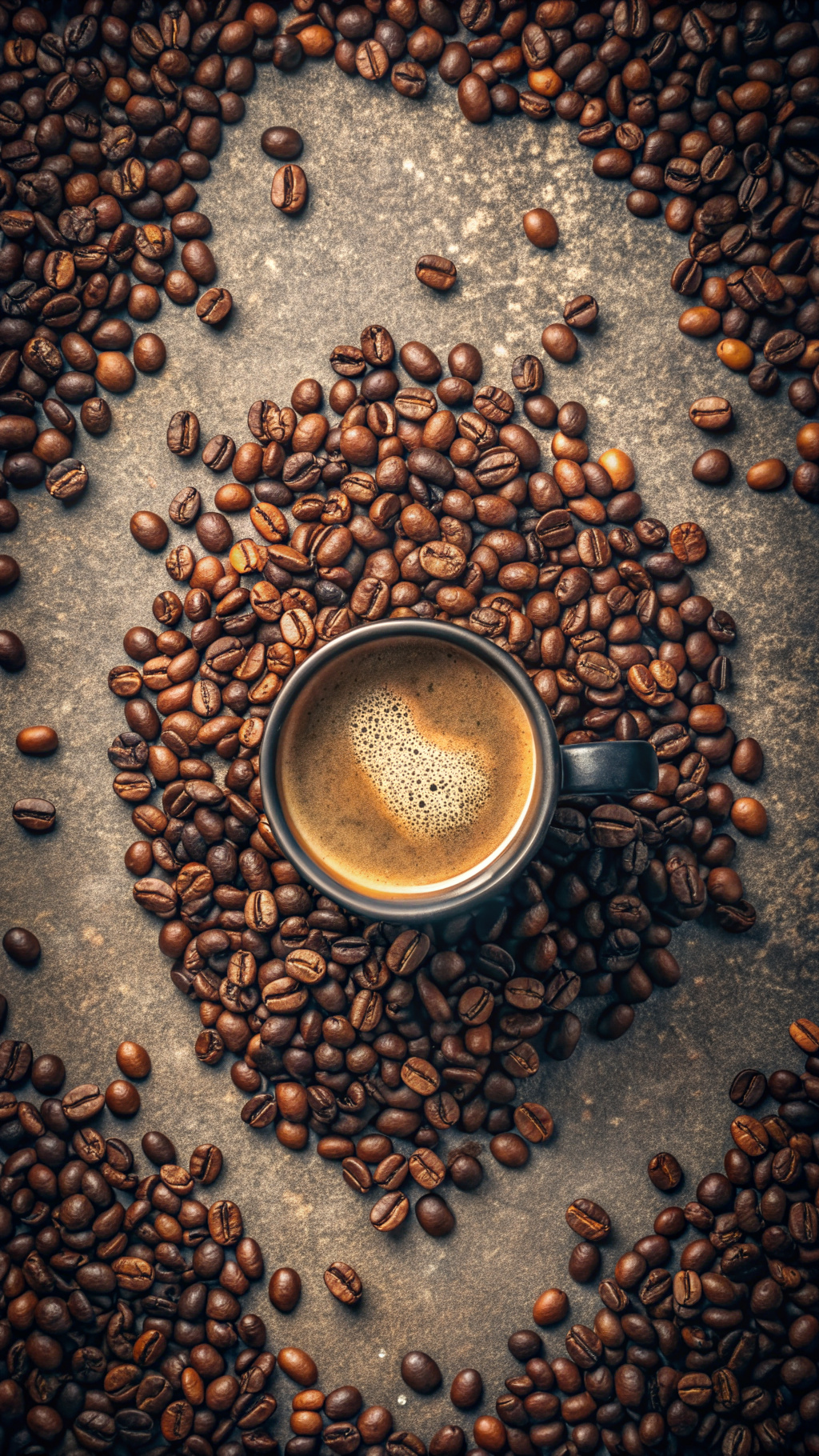 Coffee beans background and a cup of coffee in the center is buried in beans, gray, beige, brown tones, muted shades of colors, grunge, Scandinavian style,