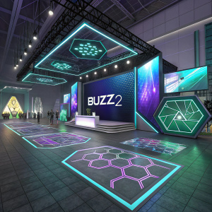 High-tech booth at the CES conference. Floor has holographic geometric designs in shades of blue, green, and purple. Large screen displaying 'BUZZ2' in sleek font. Bright lighting, clean lines, and cutting-edge design.
