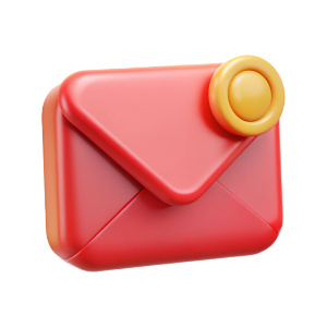 red envelope mail or email notification button icon inbox sign on white background 3D rendering