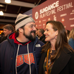 Kevin Smith and Jennifer Schwalbach Smith at a Sundance Film Festival. Wearing casual attire. Crowded backdrop.