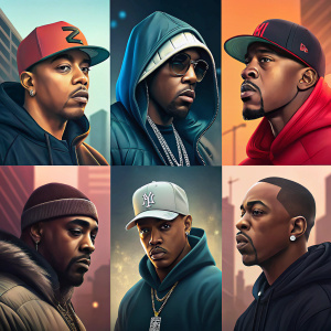 Digital artwork featuring six well-known rappers in a grid layout: Jay-Z, Ludacris, Eminem, Kanye West, Tupac, and LL Cool J.