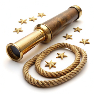 spyglass, rope and stars on white background