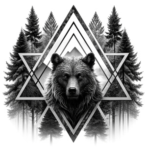 valknut runes pattern geometric symbols - bear and trees - tattoo design - perfect realistic art - high-definition - grey and black - white background 