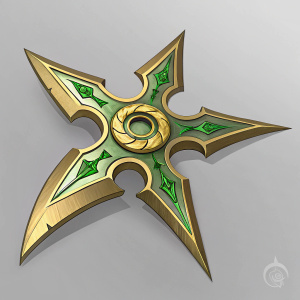 Digital artwork of Overwatch character Genji's Shuriken. Golden metallic finish with sharp, angular design. Green accents highlight details. Neutral gray background.
