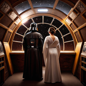 Darth Vader and Princess Leia standing in the bustling hallway of the Millennium Falcon. Background: stars and distant galaxies
