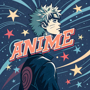 Stylized graphic featuring a character with spiky hair. Japanese text in bold font, cosmic background with swirls and stars. Resembles a poster from an anime or manga series.