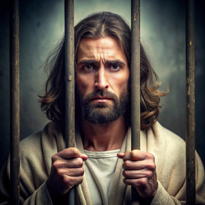 haz imagen realista de Jesús triste tras las rejas de una cárcel 