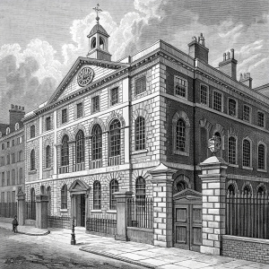 Illustration of Salter's Hall and Skinners' Hall in London, circa 1811. Detailed black and white depiction of building facades, with focus on entrances and gates. Ornate ironwork, arched and rectangular windows, stone and brickwork. Style reminiscent of historical engraving.