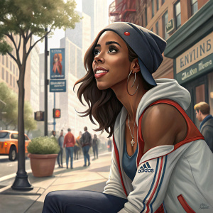 Kelly Rowland, in a candid shot. Sporty attire, casual pose, urban street background.