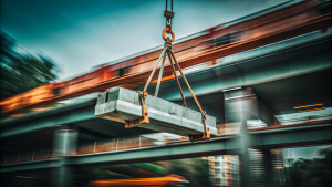 heavy concrete beam hanging on a crane hook
