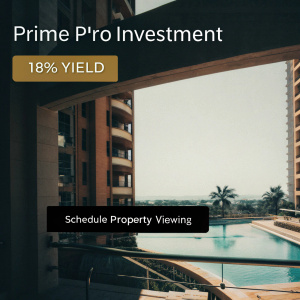 Website screenshot showcasing high-end real estate investment in North Cyprus. Prime Pro Investment offers luxurious properties with a 12% yield. Modern design with easy-to-use navigation. Features call-to-action button for property viewing. Highlights investment opportunity and clear purchase process. Photo-realistic depiction of resort setting with high-rise buildings, pool, and palm trees.