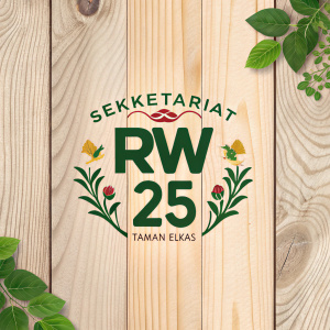 Digital artwork featuring the Sekretariat RW 25 taman Elkas logo on a rustic wooden background. Green elements surround the centered logo. Location and region details included. Modern design with traditional Indonesian influences. Clean and professional branding focus.