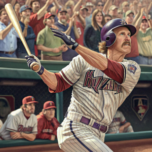 Bob Brenly in his Arizona Diamondbacks jersey, intense focus as he takes a powerful swing at home plate during a Major League Baseball game at Chase Field. Spectators cheering in the background.