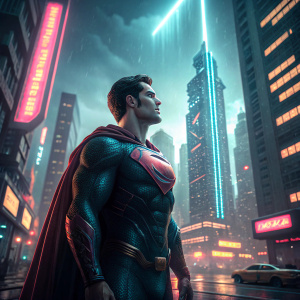 Digital 3D render of Henry Cavill as Superman. Standing in a futuristic cityscape. Bright neon lights in the background.