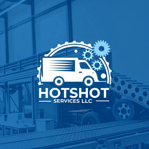 HOTSHOT SERVICES LLC logo design. Blue-toned background, featuring a sleek delivery truck and industrial elements.