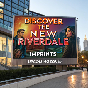 Digital billboard advertising Archie Comics new Riverdale series. Bright colors and dynamic artwork showcase various characters. Headline reads 'Discover the New Riverdale' with mentions of 'imprints' and 'upcoming issues'.