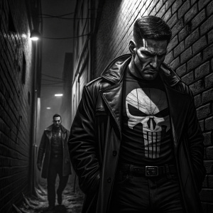 Multiple panels of the Punisher, illustrated in a dark alleyway. Brick wall background, detailed and dramatic grayscale artwork.