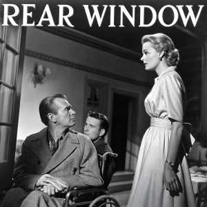 Movie poster for 'Rear Window'. Grace Kelly, James Stewart, and Thelma Ritter. Classic black and white scene.