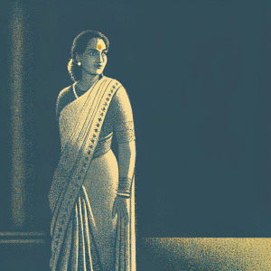 Close-up portrait of Esha Deol. Wearing a cream-colored saree with detailed embroidery. Elegant pose. Soft lighting. Dark background.