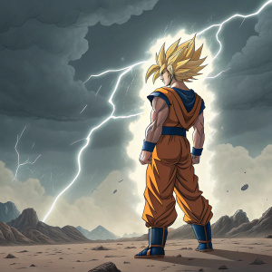 Super Saiyan Goku, standing in a battle arena. Dark clouds and lightning fill the sky background