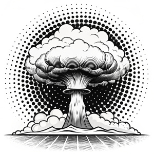 Create a black and white drawing of an atomic explosion where the mushroom cloud consists of two parts: an expanding lower part and a round upper part. The blast wave is depicted by dots emanating from the centre of the explosion. The whole drawing should be done in a minimalist style using only black and white colours.