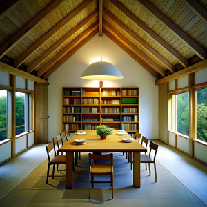 simple home with library and dinner table in heaven