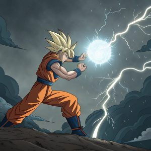Digital illustration of Goku from Dragon Ball Z. Charging a Kamehameha wave. Dark, dramatic stormy sky background