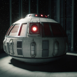 Digital 3D rendering of the Star Trek Starfleet S-10 Travel Pod. Predominantly white with red accents. Controls, panels, and lights emit a warm red glow. Set against a dark, starry backdrop.