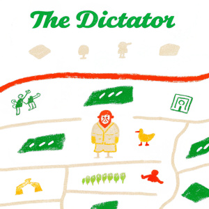 Infographic for 'The Dictator' game. Fun, cartoon-style design with bright colors and icons. Explains game features and characters in an engaging way.
