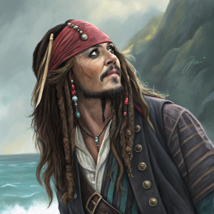 Digital painting of Captain Jack Sparrow. Bright colors and bold lines. Detailed full-body illustration.