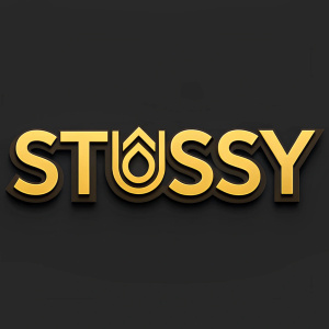 Stussy logo, sleek, bold, and modern design. Black background with vibrant gold lettering