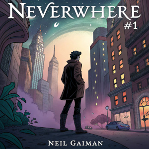 Digital art of a fantasy comic book cover for Neverwhere #1 by Neil Gaiman. Stylized main character in a surreal cityscape. Traditional and modern art techniques combined.