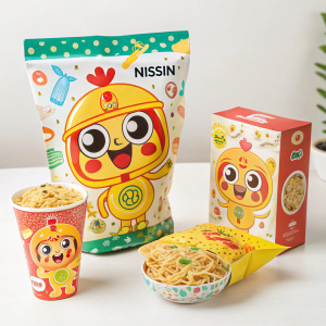 Colorful packaging design for NISSIN instant noodles featuring a playful cartoon mascot. Brightly lit studio setting.