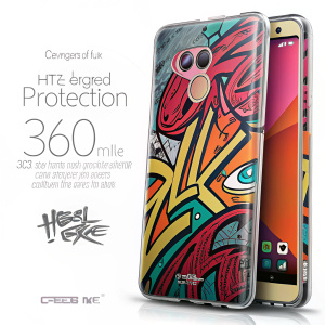 Advertisement for CaseiLike phone case, offering 360-degree protection for HTC Desire 12 Plus. Artwork features graffiti-inspired design.