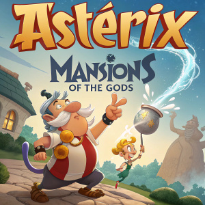Promotional poster for Asterix: The Mansions of the Gods. Animated style featuring main characters Asterix and Obelix in dynamic poses. Title in bold letters at the top.