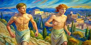 Ancient Greece. Panathenaic Stadium. A couple of realistic cute shirtless tall thin athletes with short hair wearing white perizoma, barechested, barefoot, at full height, are running very fast. Clear blue sky.