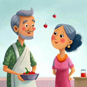 indian 50yo couple talking happily in kitchen while cookinh